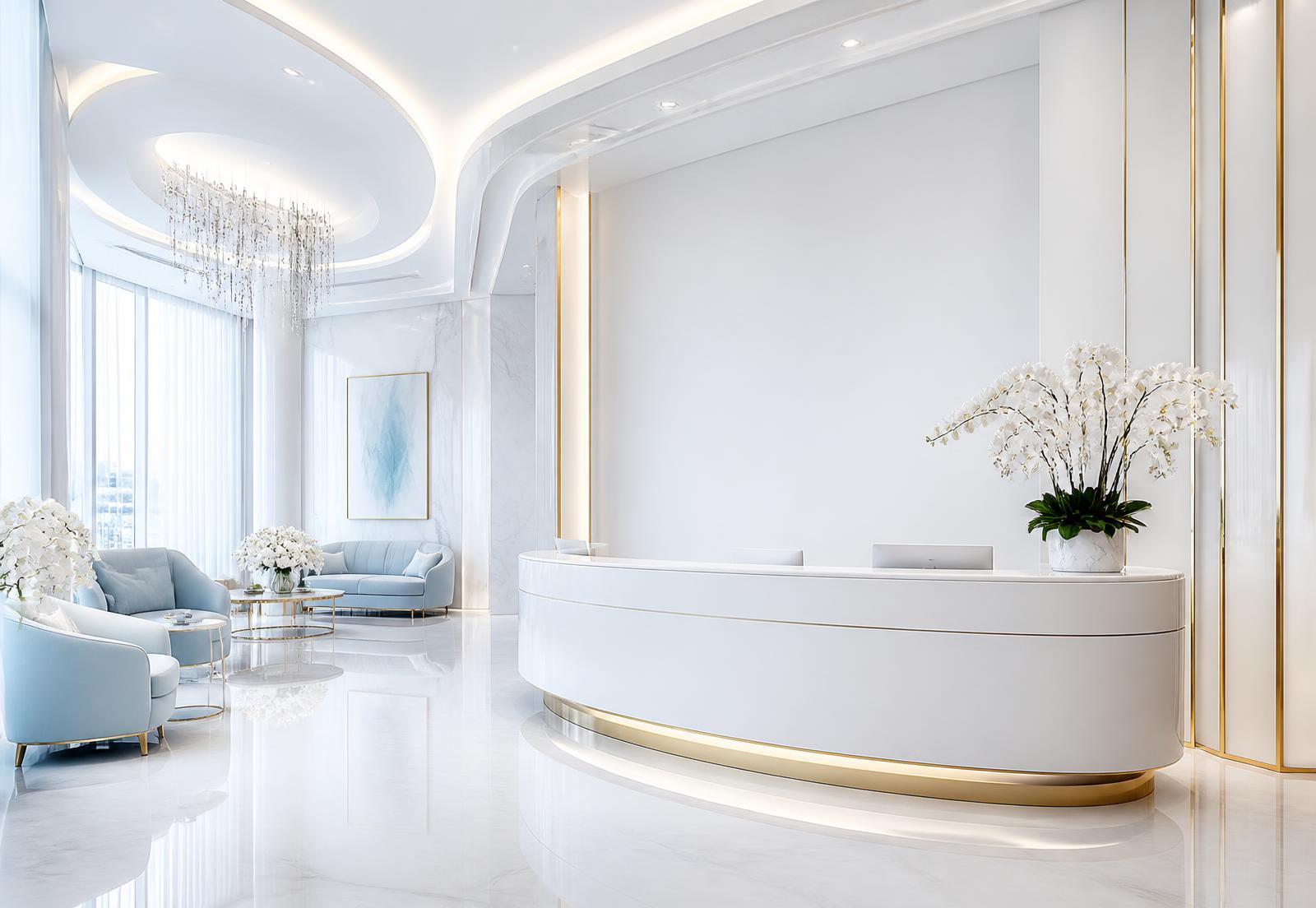 Interno di una clinica privata premium con superfici bianche lucide e profili oro